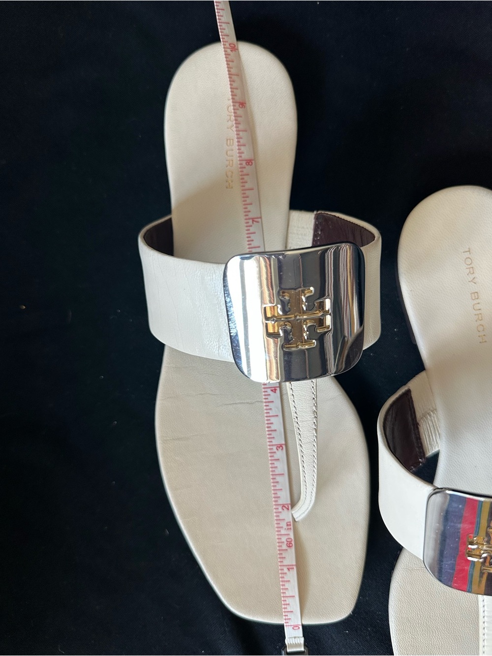 Tory Burch Georgia Ivory Leather Logo Thong Sandals with Gold Accent 8.5 square - Picture 13 of 14